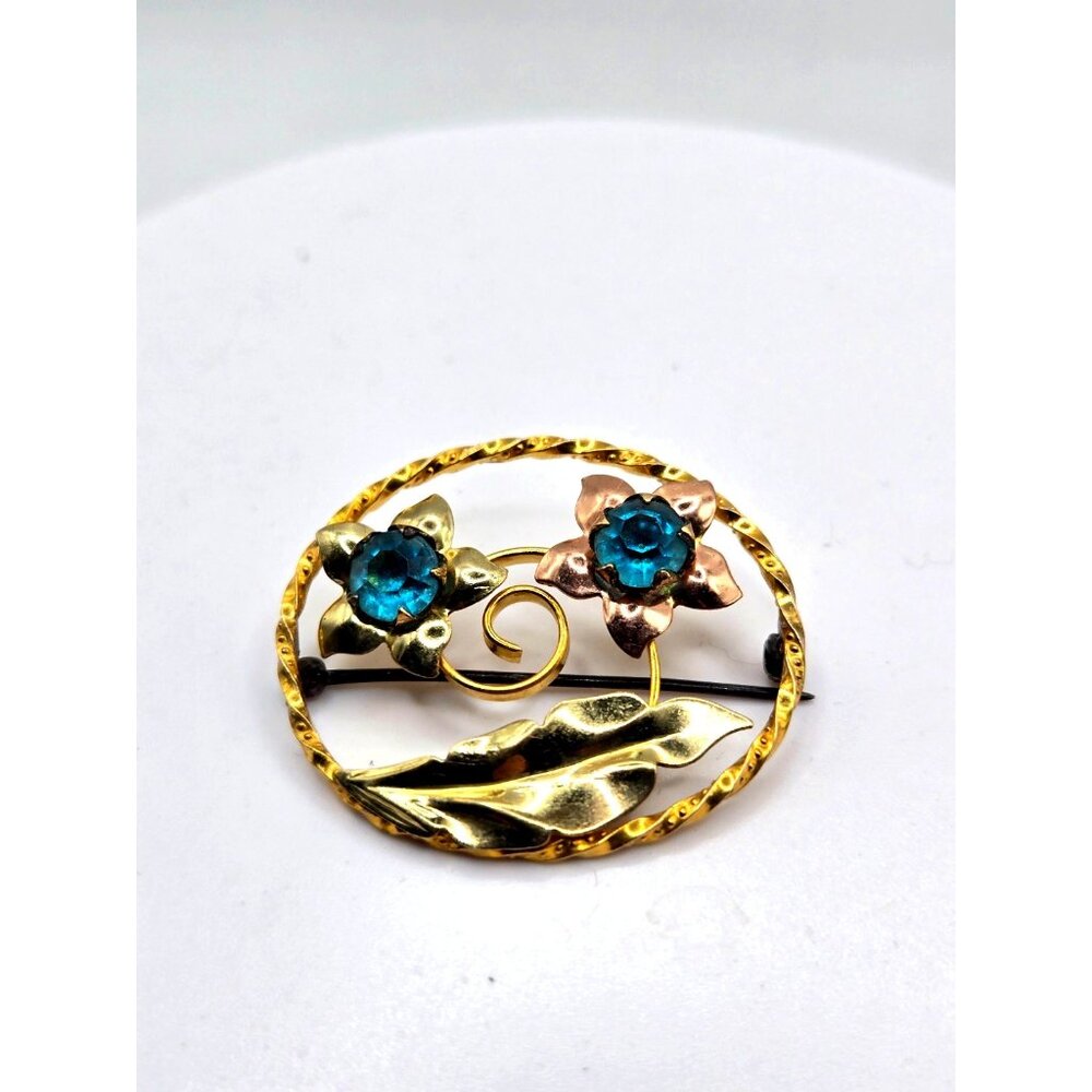 RARE Vintage Cellini Craft  Gold Filled Brooch Blue Rhinestone Flowers Signed